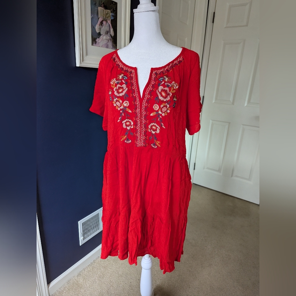 Red Floral Embroidered Dress